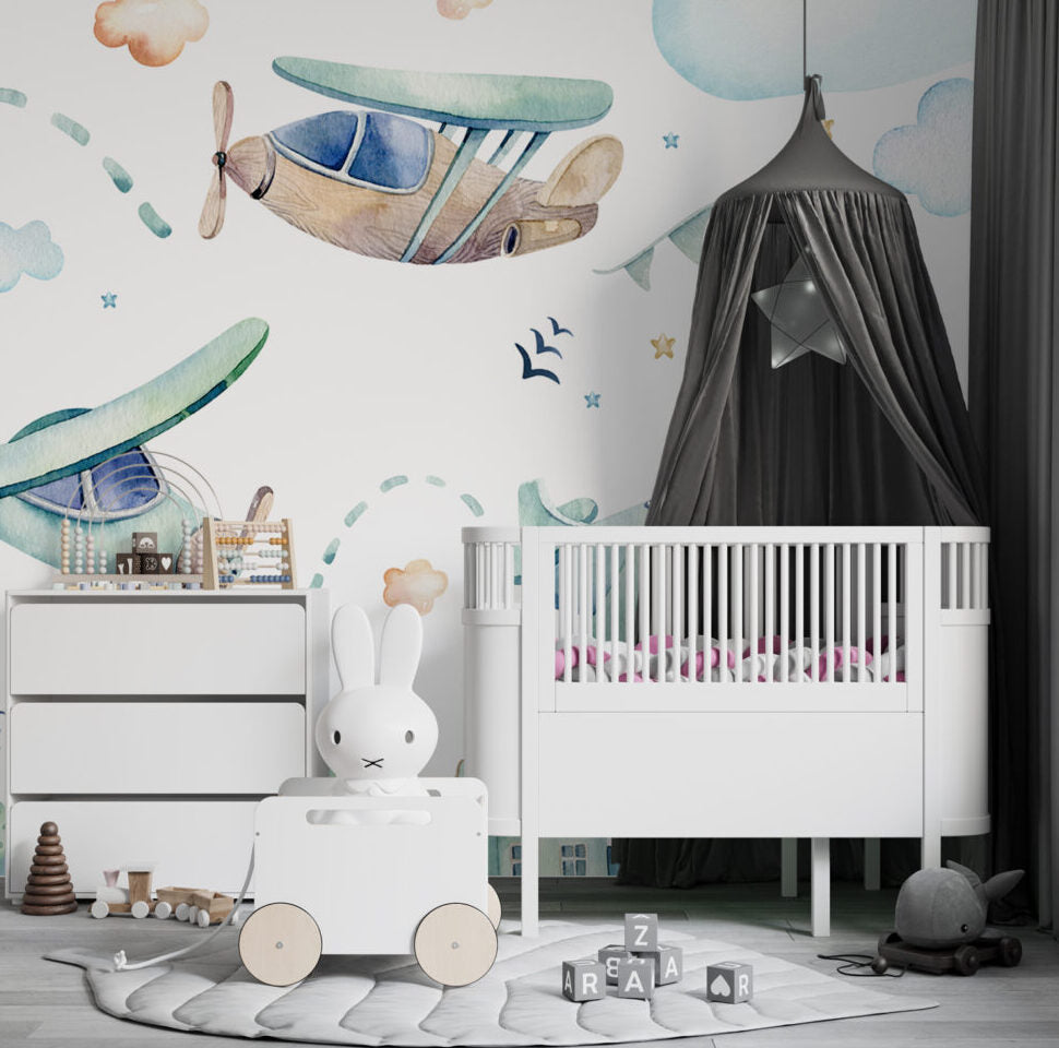 Watercolor Airplanes Wallpaper : Kids Sky and Town Mural