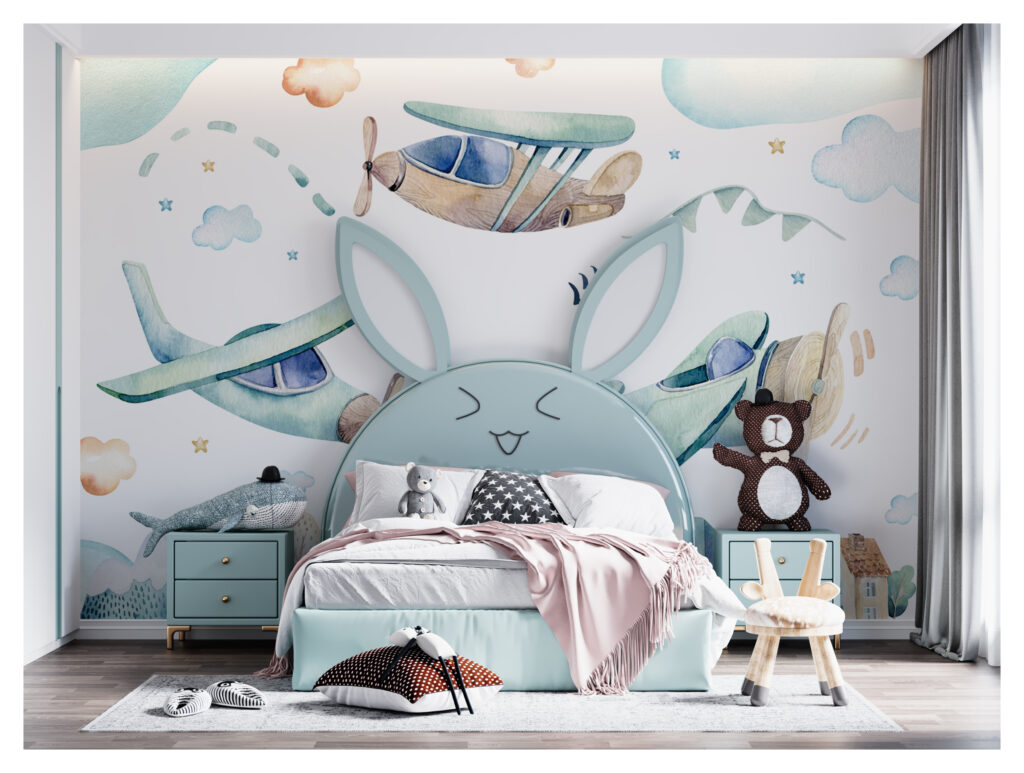 Watercolor Airplanes Wallpaper : Kids Sky and Town Mural - View 2