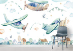 Watercolor Airplanes Wallpaper : Kids Sky and Town Mural - View 5