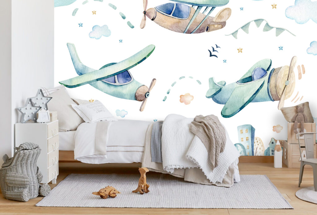 Watercolor Airplanes Wallpaper : Kids Sky and Town Mural - View 4