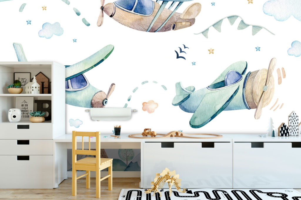Watercolor Airplanes Wallpaper : Kids Sky and Town Mural - View 3