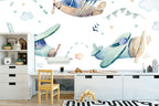 Watercolor Airplanes Wallpaper : Kids Sky and Town Mural - View 3