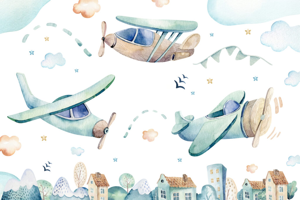 Watercolor Airplanes Wallpaper : Kids Sky and Town Mural - flat design