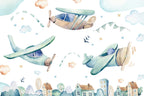 Watercolor Airplanes Wallpaper : Kids Sky and Town Mural - flat design