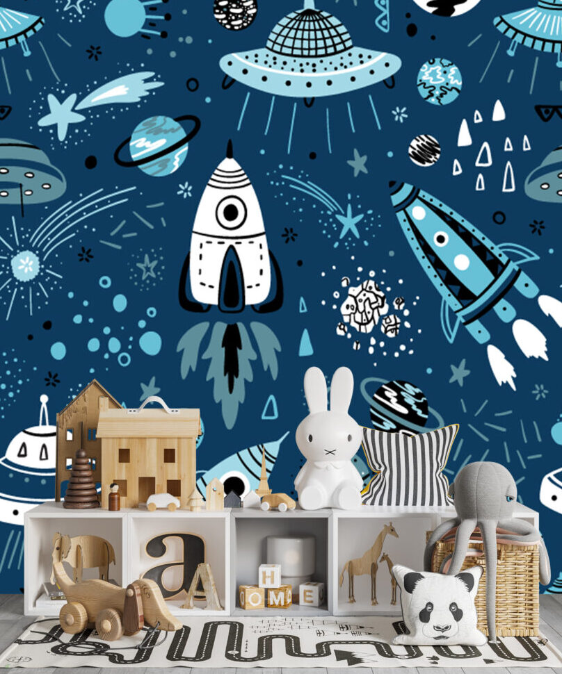 Navy Space Rockets Wallpaper : Kids Doodle Galaxy Mural