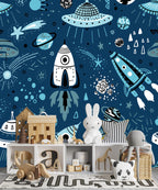 Navy Space Rockets Wallpaper : Kids Doodle Galaxy Mural