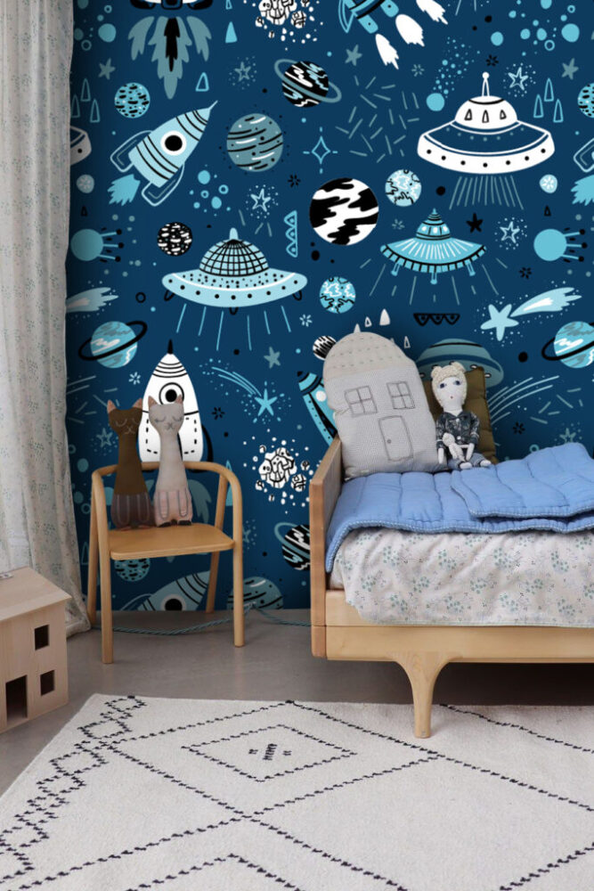 Navy Space Rockets Wallpaper : Kids Doodle Galaxy Mural - View 5