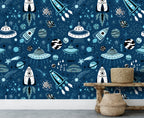 Navy Space Rockets Wallpaper : Kids Doodle Galaxy Mural - View 4