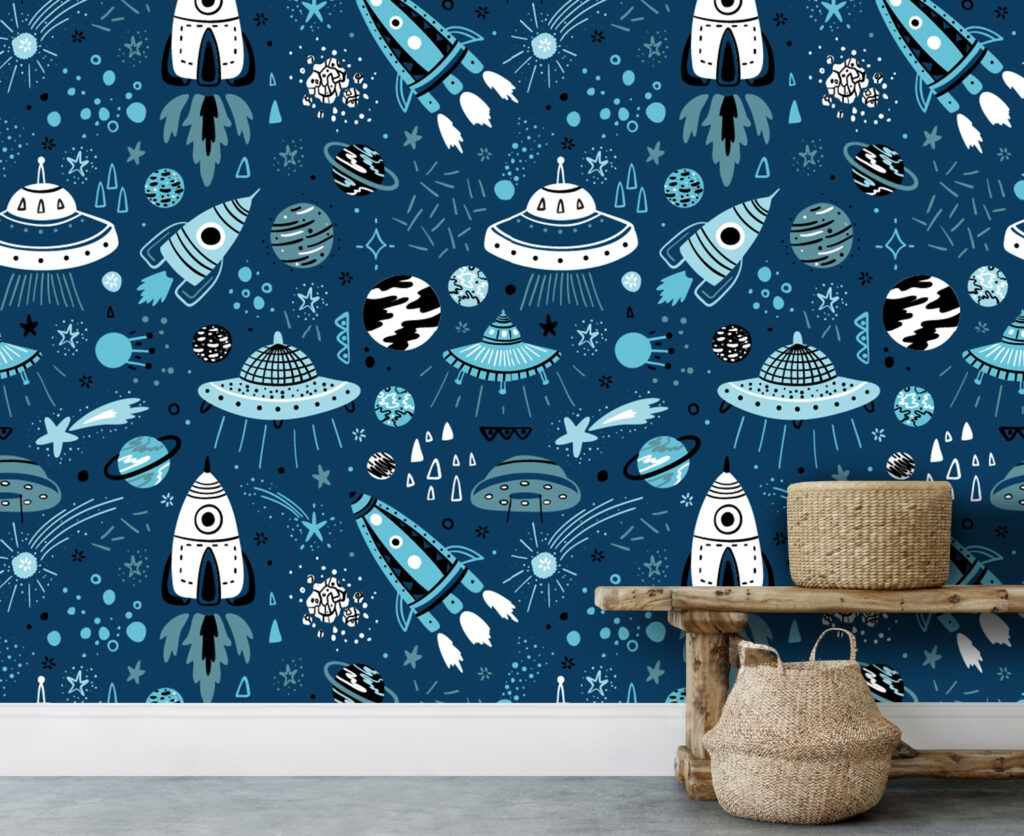 Navy Space Rockets Wallpaper : Kids Doodle Galaxy Mural - View 4