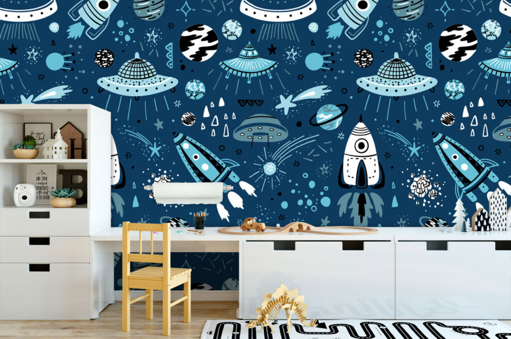 Navy Space Rockets Wallpaper : Kids Doodle Galaxy Mural - View 2