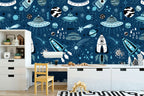 Navy Space Rockets Wallpaper : Kids Doodle Galaxy Mural - View 2
