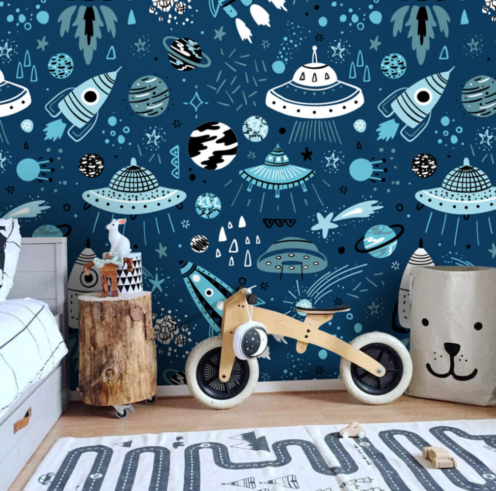 Navy Space Rockets Wallpaper : Kids Doodle Galaxy Mural - View 3