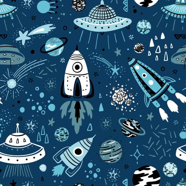 Navy Space Rockets Wallpaper : Kids Doodle Galaxy Mural - flat design