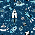 Navy Space Rockets Wallpaper : Kids Doodle Galaxy Mural - flat design