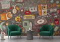 Retro Music Doodle Wallpaper : Pop Art Cassette and Radio Mural