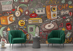 Retro Music Doodle Wallpaper : Pop Art Cassette and Radio Mural