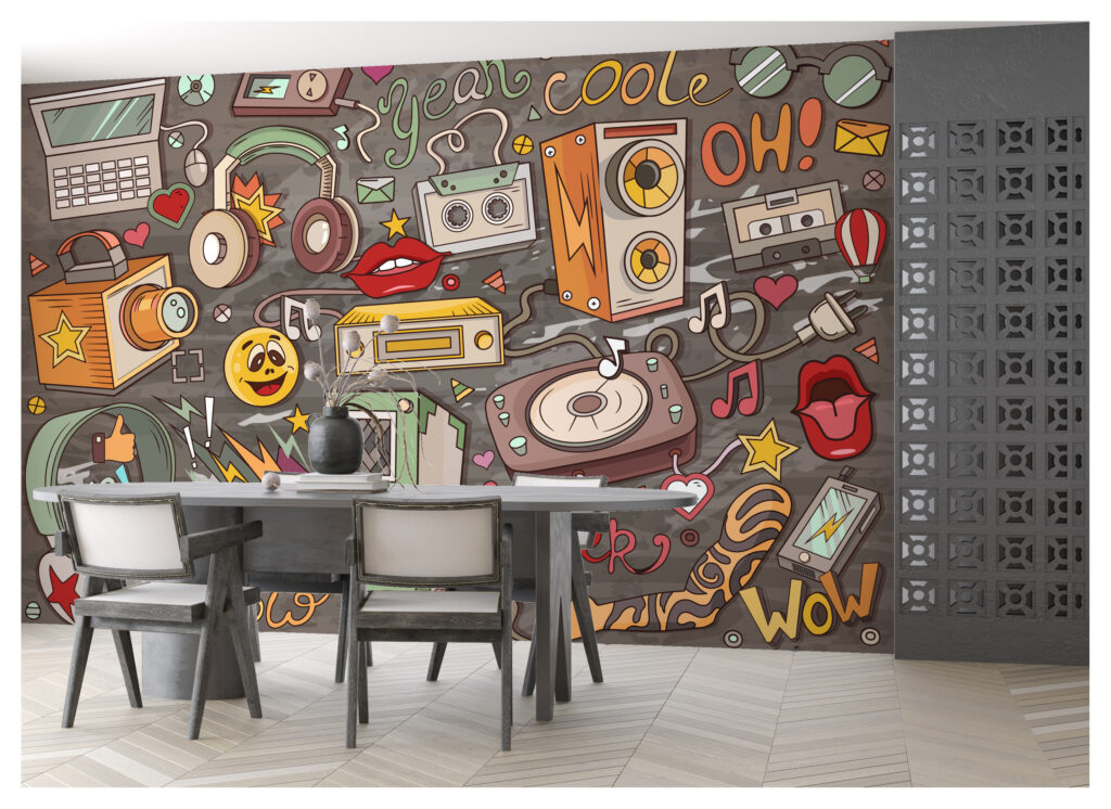 Retro Music Doodle Wallpaper : Pop Art Cassette and Radio Mural - View 3