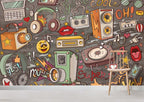Retro Music Doodle Wallpaper : Pop Art Cassette and Radio Mural - View 2