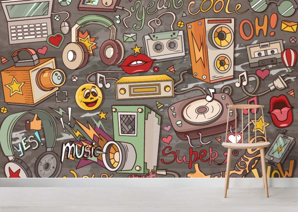 Retro Music Doodle Wallpaper : Pop Art Cassette and Radio Mural - View 2