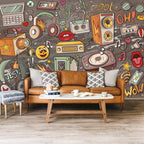 Retro Music Doodle Wallpaper : Pop Art Cassette and Radio Mural - View 5