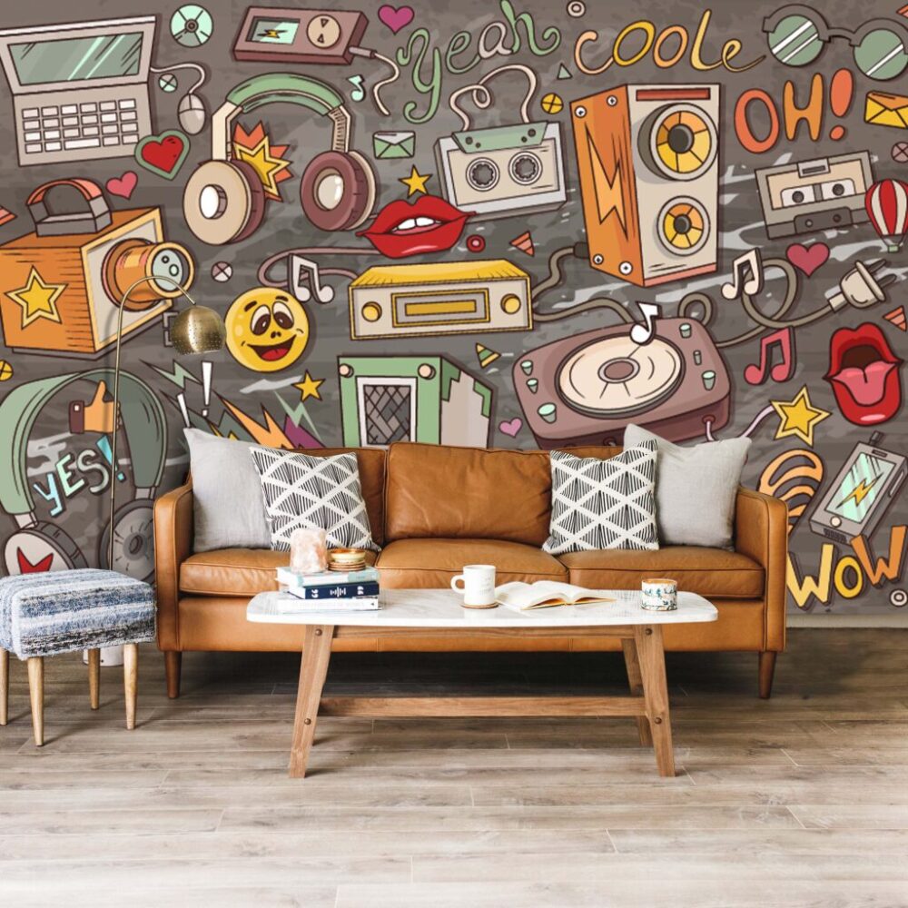 Retro Music Doodle Wallpaper : Pop Art Cassette and Radio Mural - View 5