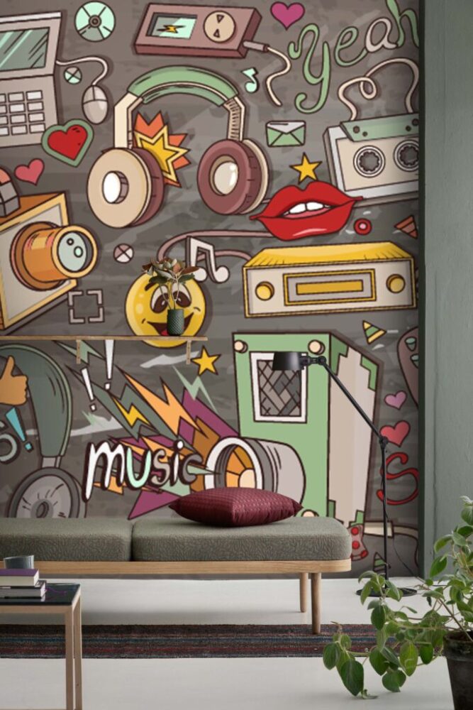 Retro Music Doodle Wallpaper : Pop Art Cassette and Radio Mural - View 4