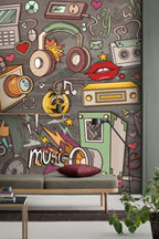 Retro Music Doodle Wallpaper : Pop Art Cassette and Radio Mural - View 4