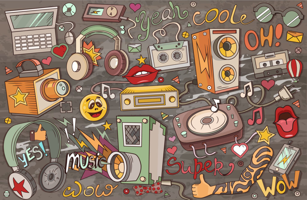 Retro Music Doodle Wallpaper : Pop Art Cassette and Radio Mural - flat design