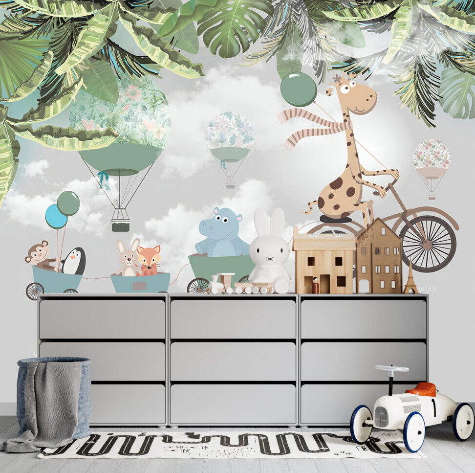 Giraffe Bicycle Wallpaper : Animal Train And Balloons Kids Mural