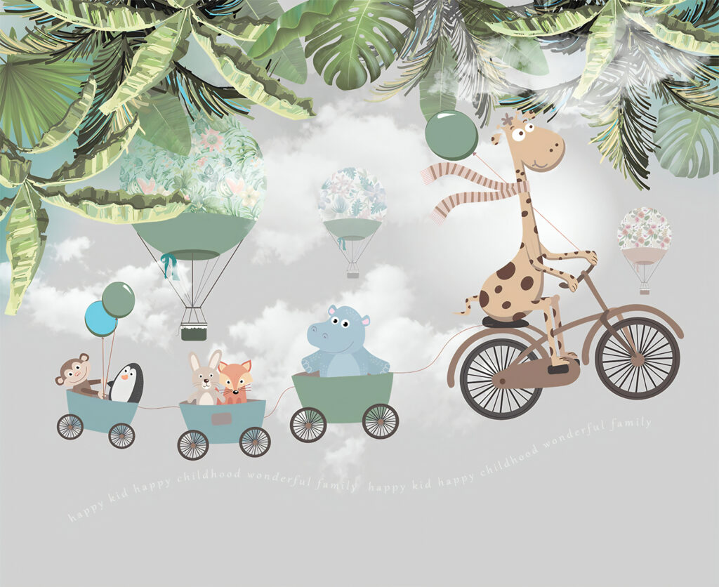 Giraffe Bicycle Wallpaper : Animal Train And Balloons Kids Mural - View 2