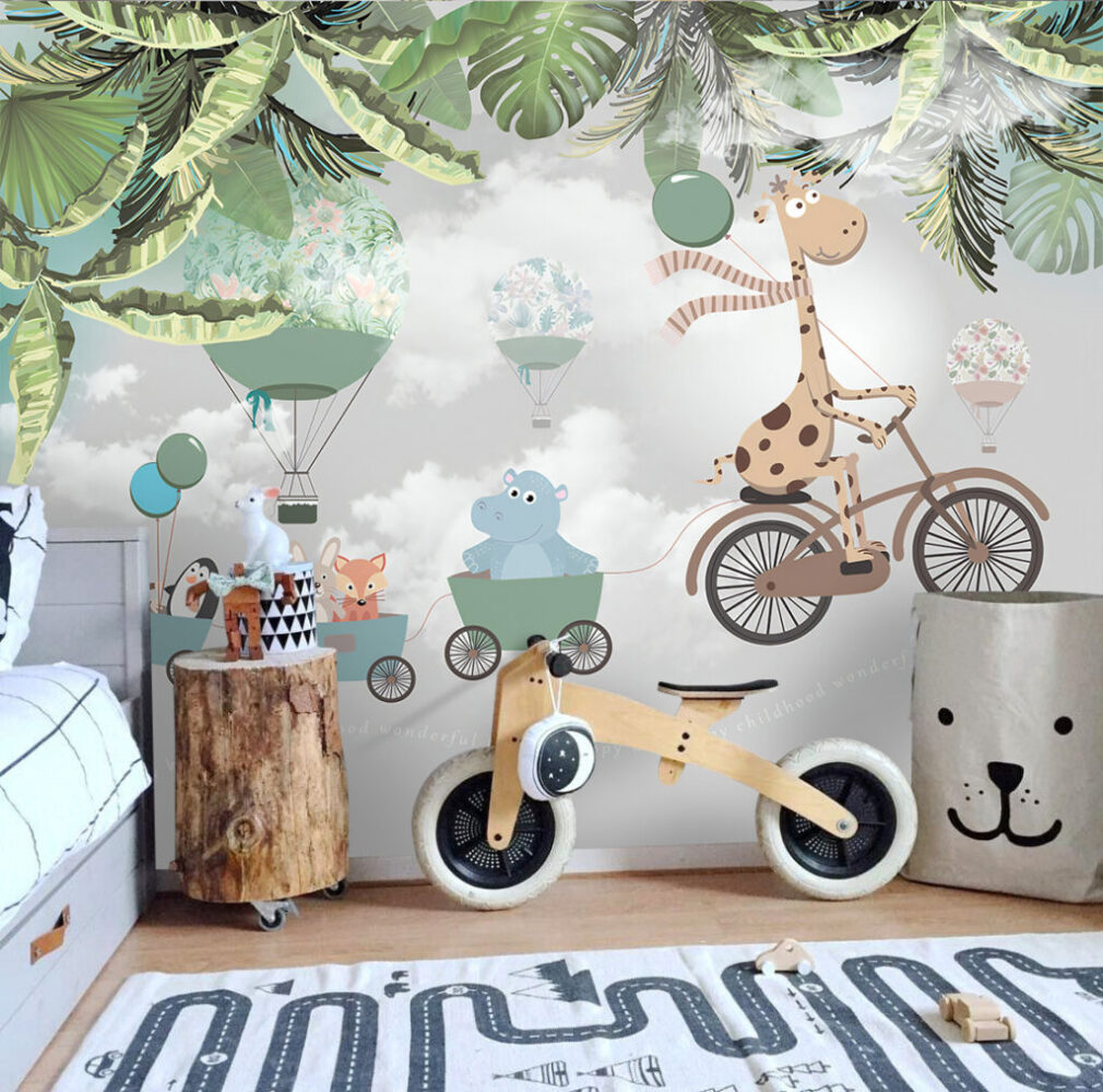 Giraffe Bicycle Wallpaper : Animal Train And Balloons Kids Mural - View 3