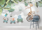 Giraffe Bicycle Wallpaper : Animal Train And Balloons Kids Mural - View 6