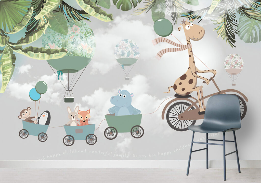 Giraffe Bicycle Wallpaper : Animal Train And Balloons Kids Mural - View 6