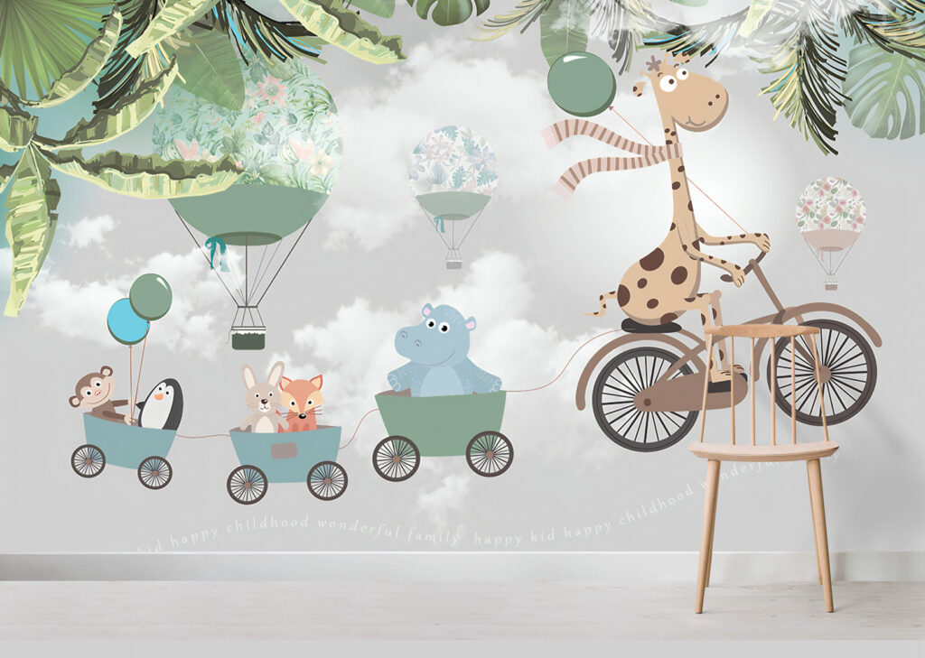 Giraffe Bicycle Wallpaper : Animal Train And Balloons Kids Mural - View 5