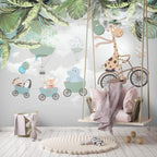 Giraffe Bicycle Wallpaper : Animal Train And Balloons Kids Mural - View 4