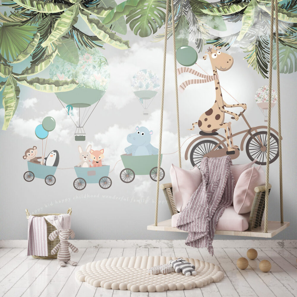 Giraffe Bicycle Wallpaper : Animal Train And Balloons Kids Mural - View 4