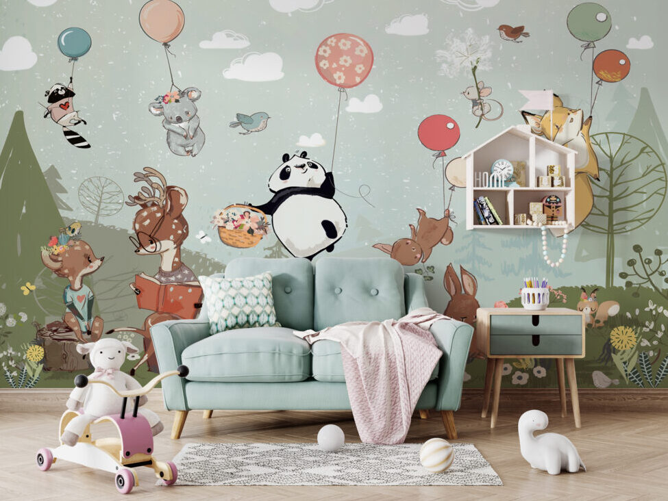 Balloon Animals Wallpaper : Panda And Friends Flying Mural