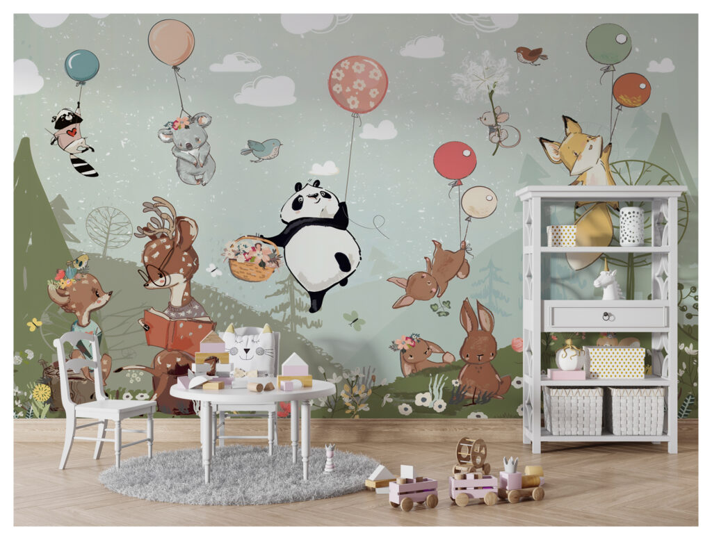 Balloon Animals Wallpaper : Panda And Friends Flying Mural - View 4