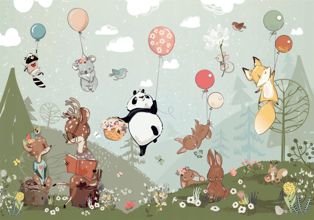 Balloon Animals Wallpaper : Panda And Friends Flying Mural - View 2