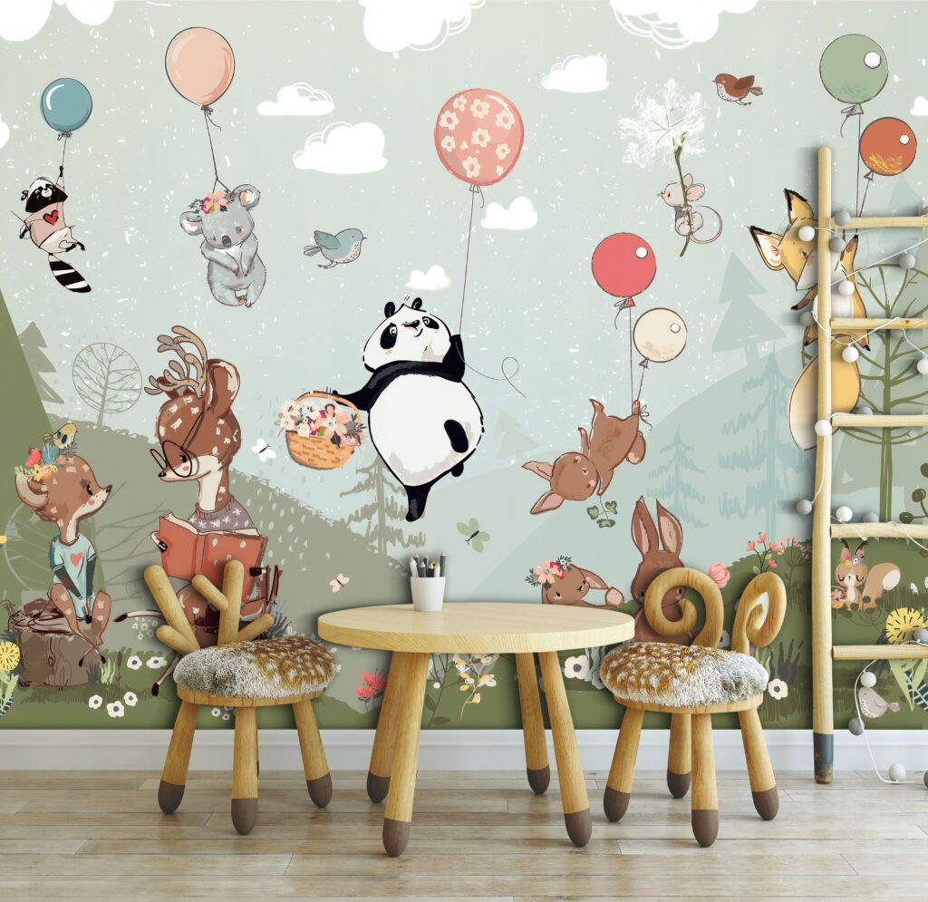 Balloon Animals Wallpaper : Panda And Friends Flying Mural - View 5
