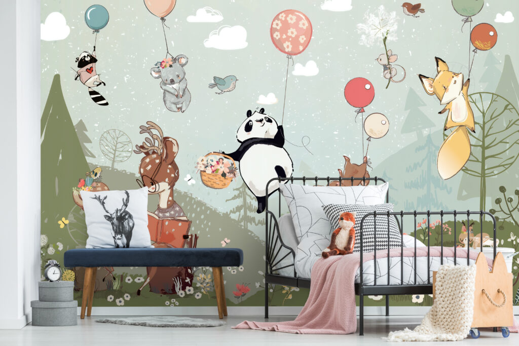 Balloon Animals Wallpaper : Panda And Friends Flying Mural - View 3