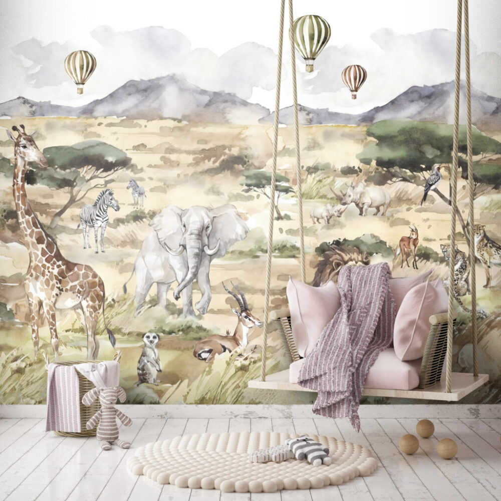 Watercolor Safari Wallpaper : African Savanna Animals Mural - View 2