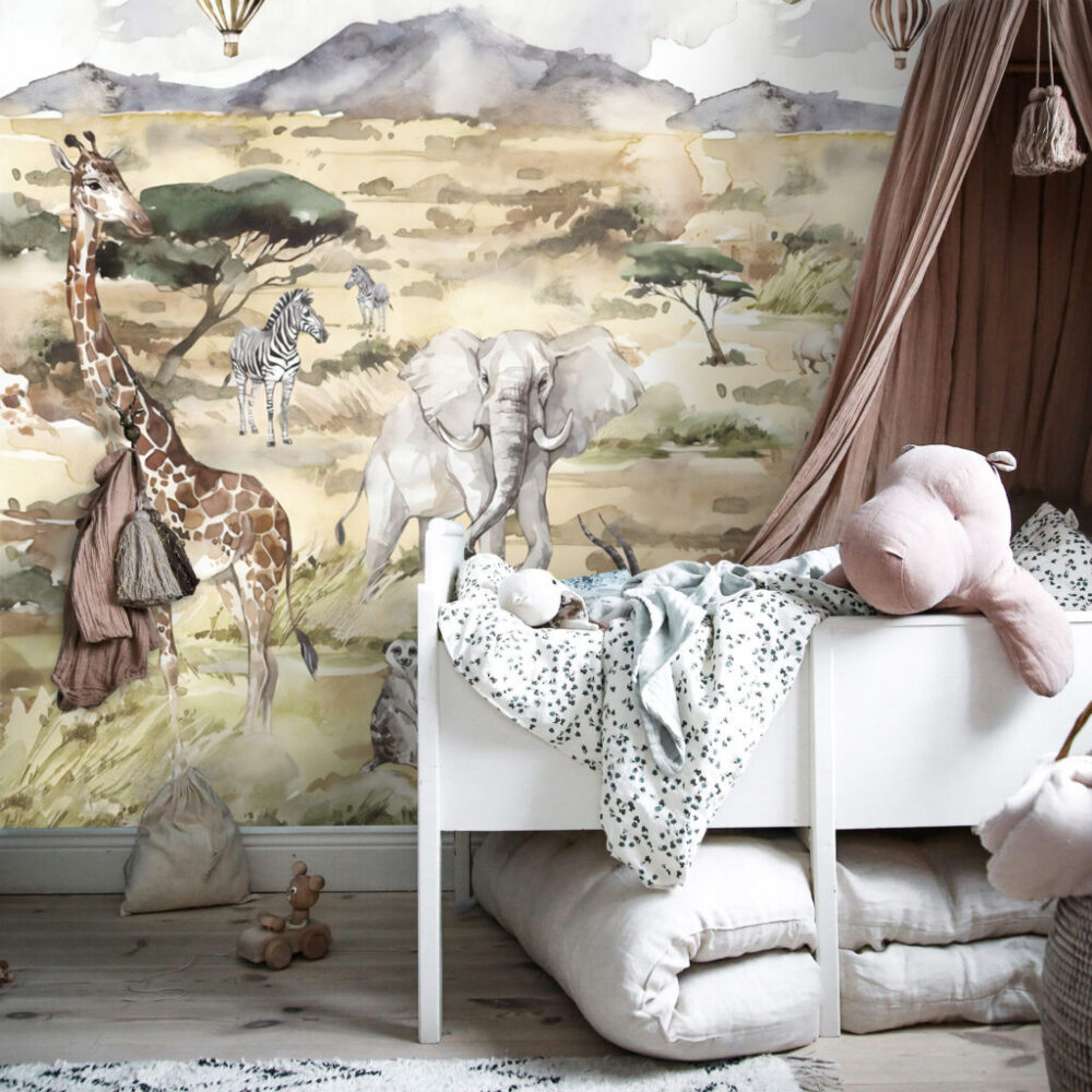 Watercolor Safari Wallpaper : African Savanna Animals Mural - View 4