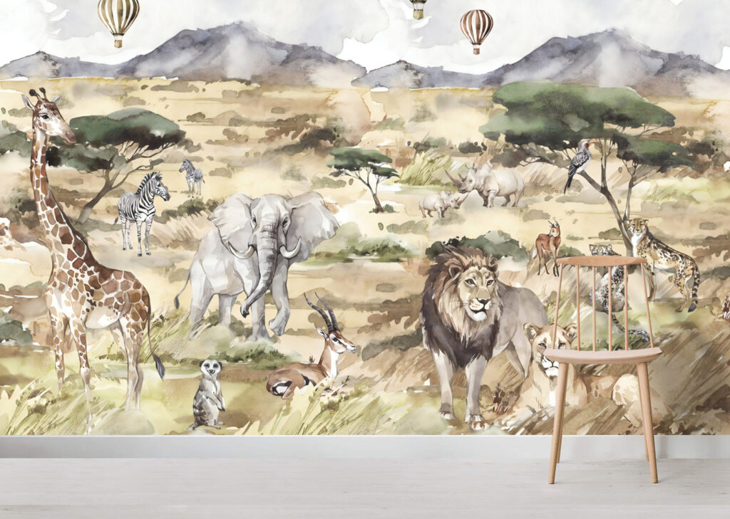 Watercolor Safari Wallpaper : African Savanna Animals Mural - View 3