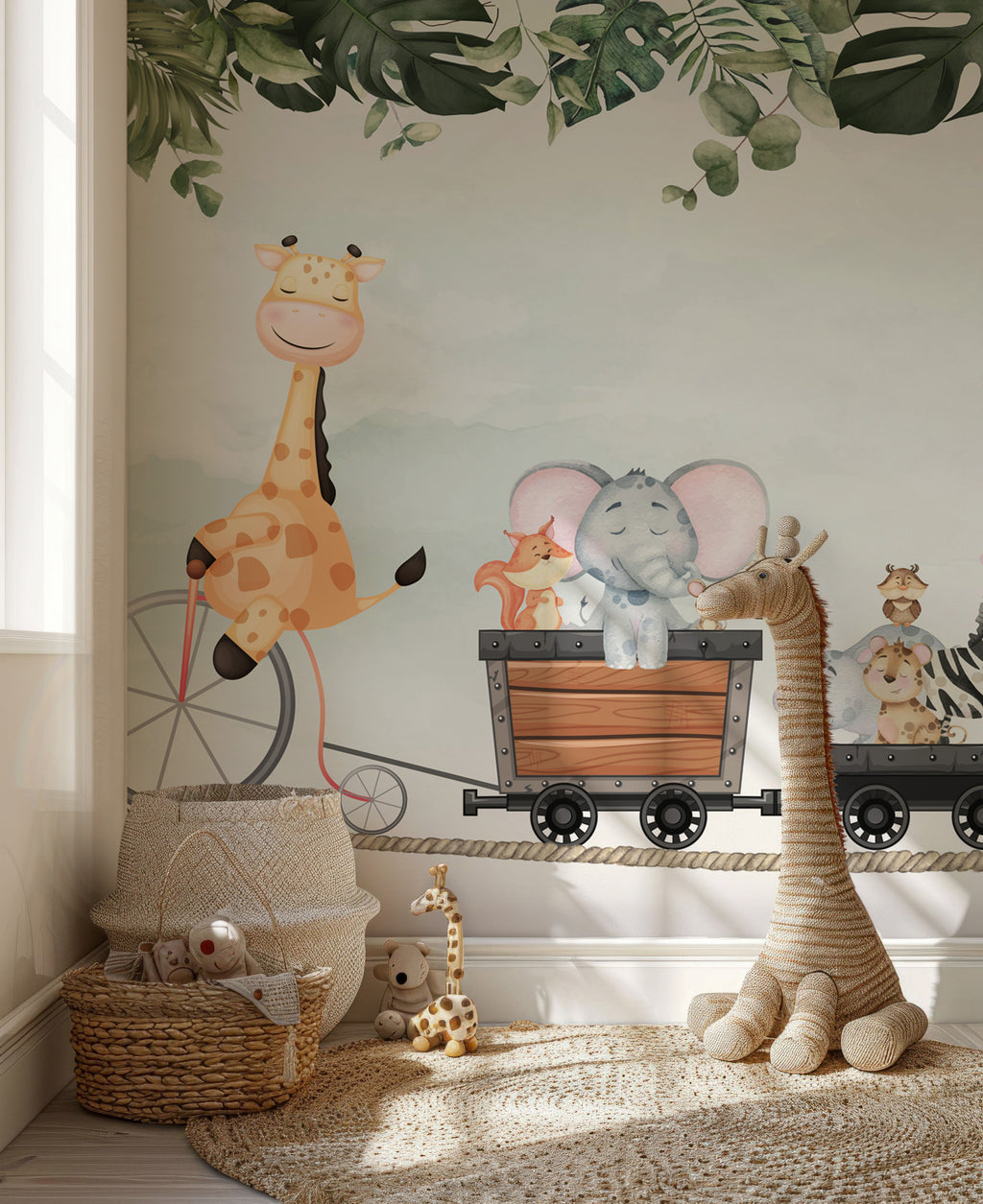 Giraffe Bicycle Train Wallpaper : Jungle Friends Nursery Mural