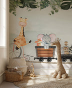Giraffe Bicycle Train Wallpaper : Jungle Friends Nursery Mural