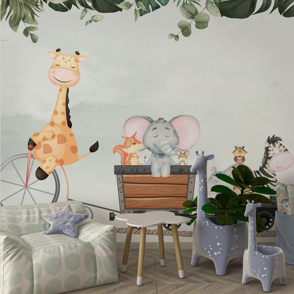 Giraffe Bicycle Train Wallpaper : Jungle Friends Nursery Mural - View 2