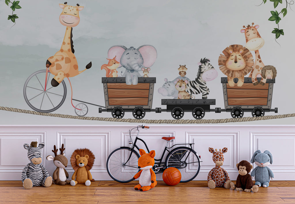 Giraffe Bicycle Train Wallpaper : Jungle Friends Nursery Mural - View 3