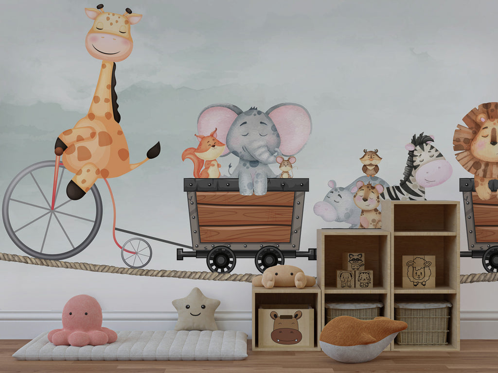 Giraffe Bicycle Train Wallpaper : Jungle Friends Nursery Mural - View 4