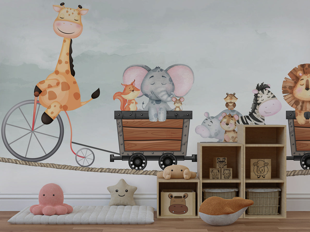 Giraffe Bicycle Train Wallpaper : Jungle Friends Nursery Mural - View 4